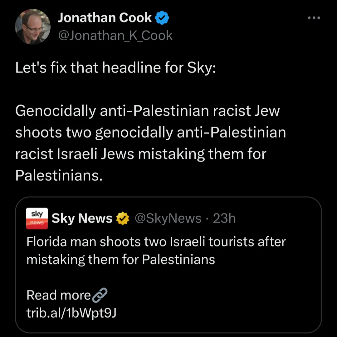 A screenshot of a tweet by Jonathan Cook replying to a Sky News tweet. The Sky News headline reads 'Florida man shoots two…