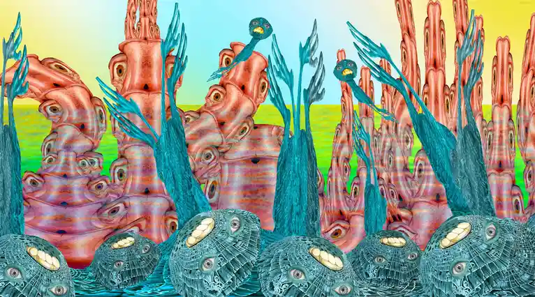 A surreal, digitally rendered landscape features towering, coral-like pink structures covered in human eyes, with blue…