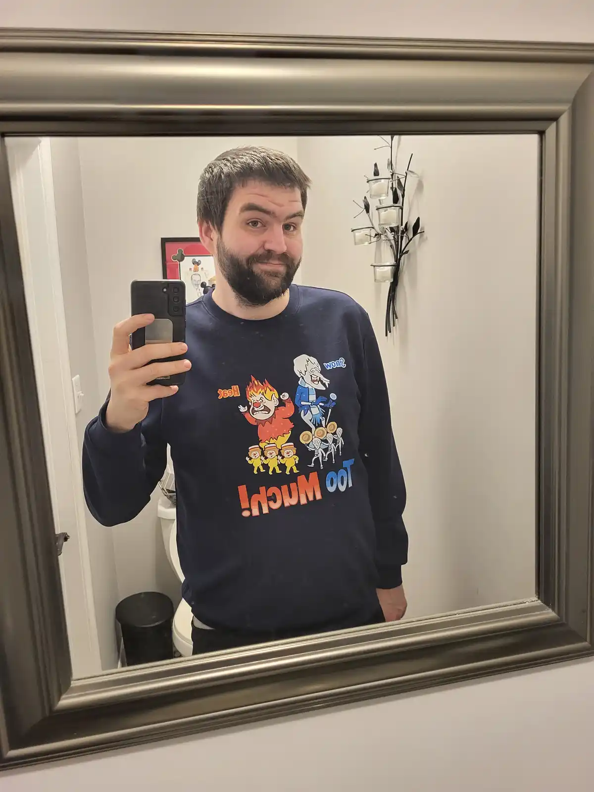 A man with a beard takes a mirror selfie in a bathroom, wearing a dark blue sweatshirt featuring cartoon characters from…