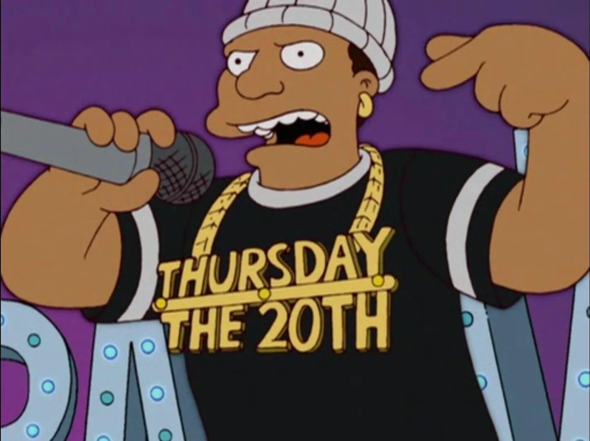 A cartoon character resembling a rapper, wearing a white beanie, gold chain, and a black t-shirt with the text 'THURSDAY THE…