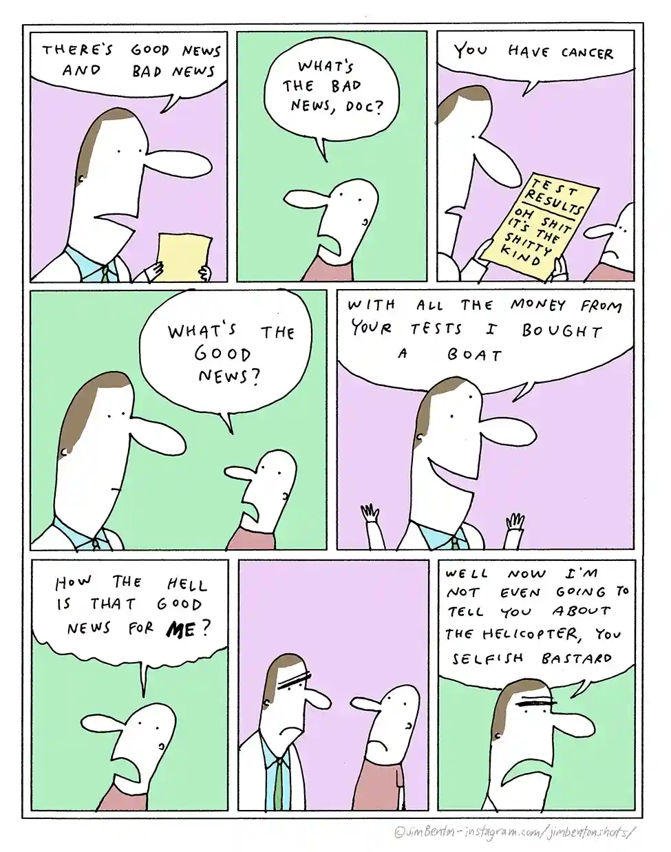 A six-panel comic strip shows a patient asking a doctor for good and bad news. The doctor delivers bad news: 'You have…