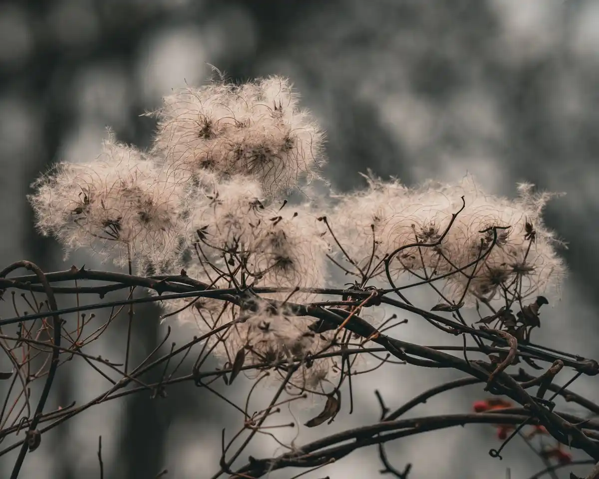 A close-up photograph shows fluffy, cotton-like seed heads of a plant, likely clematis, attached to dark, tangled, thorny…