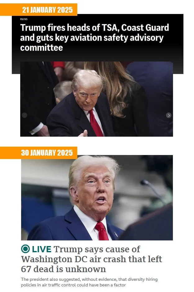 The image displays two news headlines from fictional dates: January 21, 2025, about Trump firing aviation safety officials…