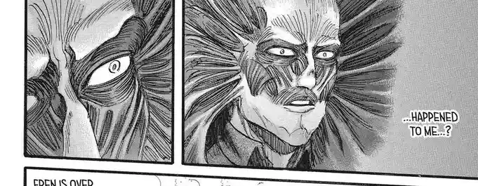 A black-and-white manga panel shows a character with a grotesque, muscular, and scarred face, looking shocked and confused…