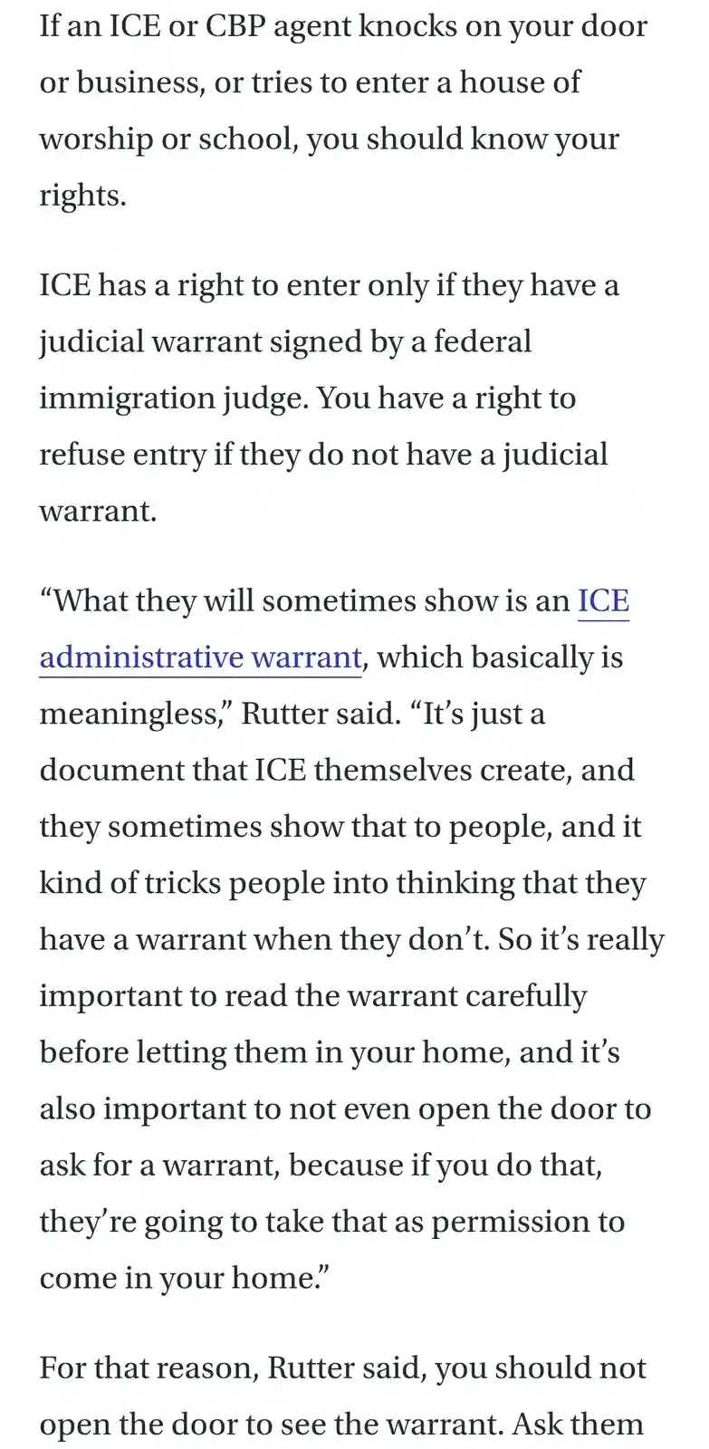 The image displays a block of text from a legal advisory, explaining that ICE or CBP agents must have a judicial warrant…