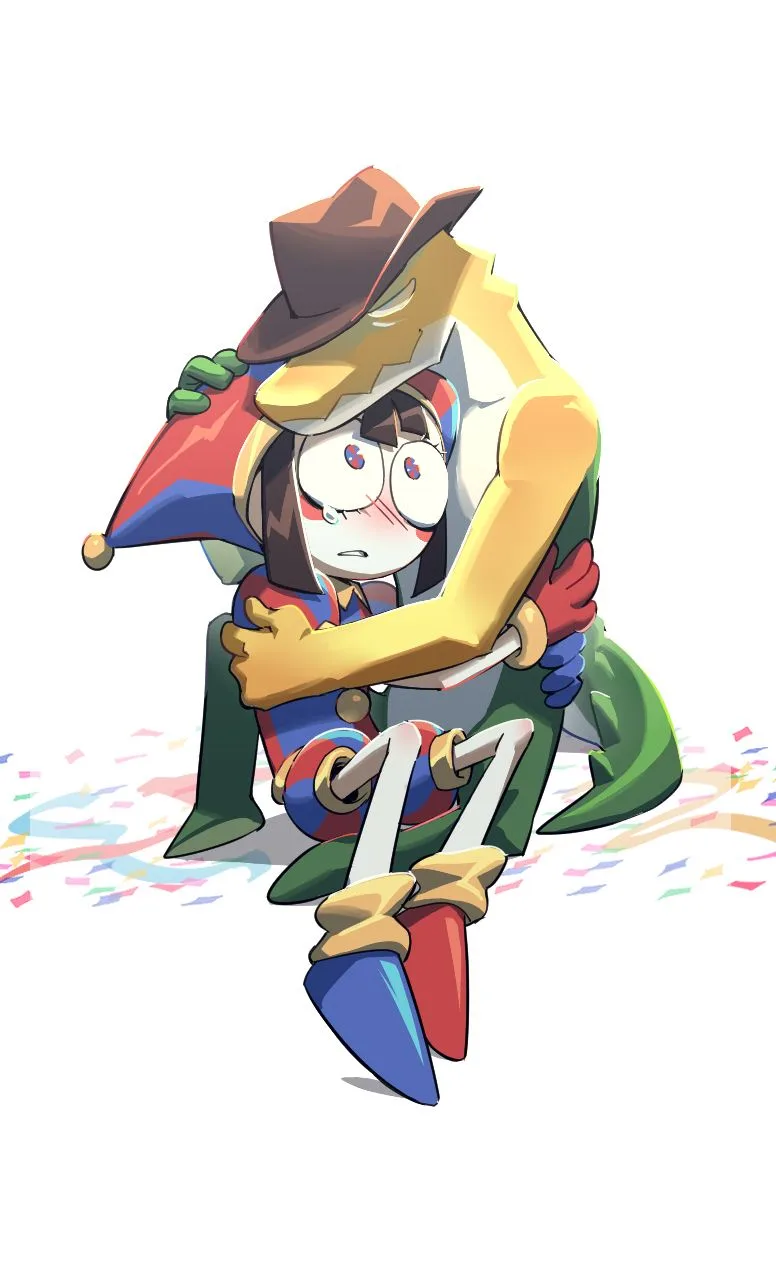 An anime-style illustration shows a small, wide-eyed character in a jester outfit being tightly hugged from behind by a…
