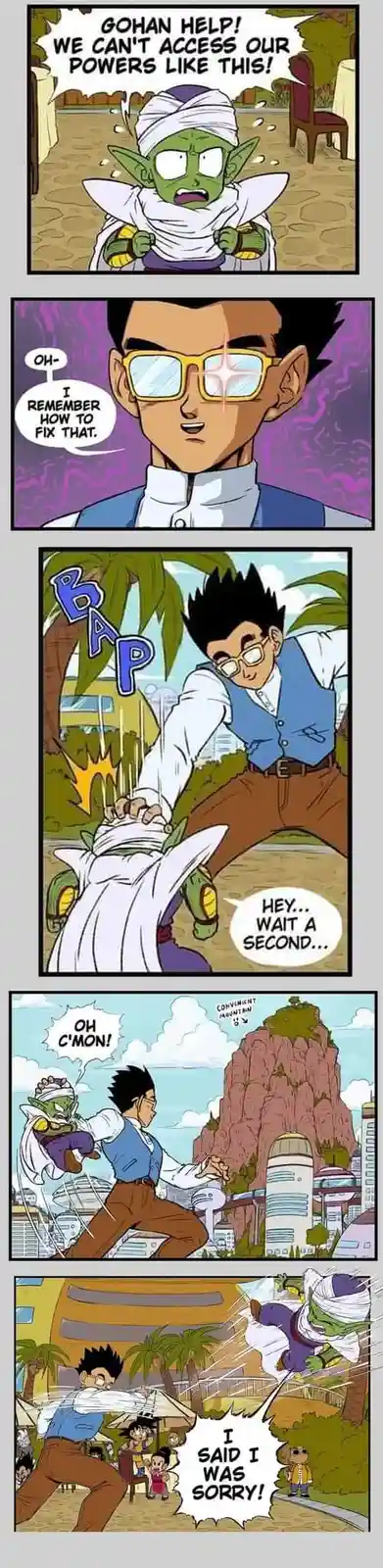 A five-panel Dragon Ball comic strip shows Piccolo, wrapped in bandages, urgently asking Gohan for help accessing their…
