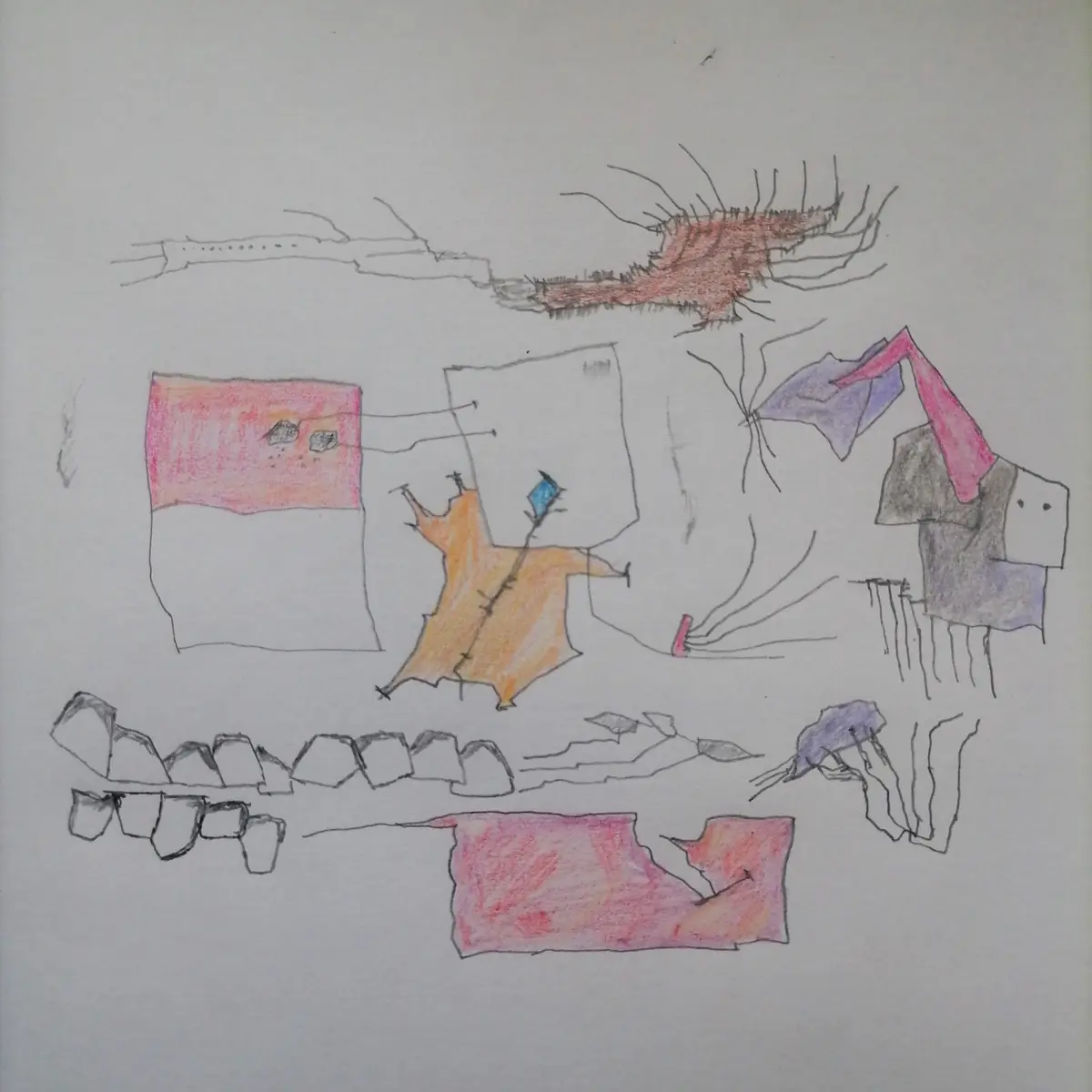 A child's crayon drawing depicts a chaotic scene with abstract shapes, including a pink and white flag, a yellow creature…