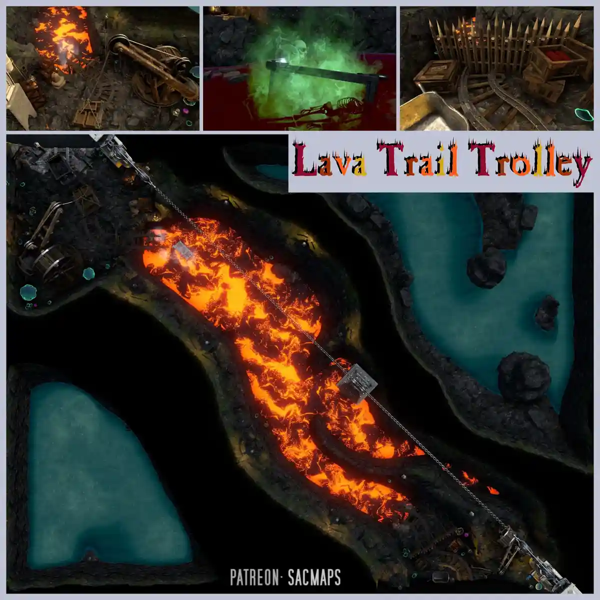 A collage of game map screenshots showing a fantasy dungeon with lava rivers, skeletal traps, and wooden mechanisms. The…