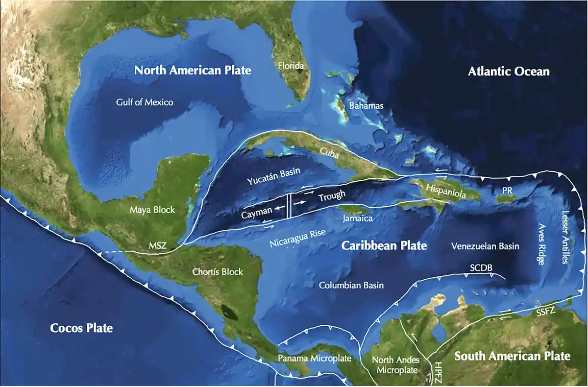 A geological map showing the Caribbean Plate surrounded by the North American Plate, South American Plate, and Cocos Plate…