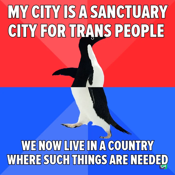 A penguin stands centered against a red and blue background, with bold white text at the top reading 'MY CITY IS A SANCTUARY…