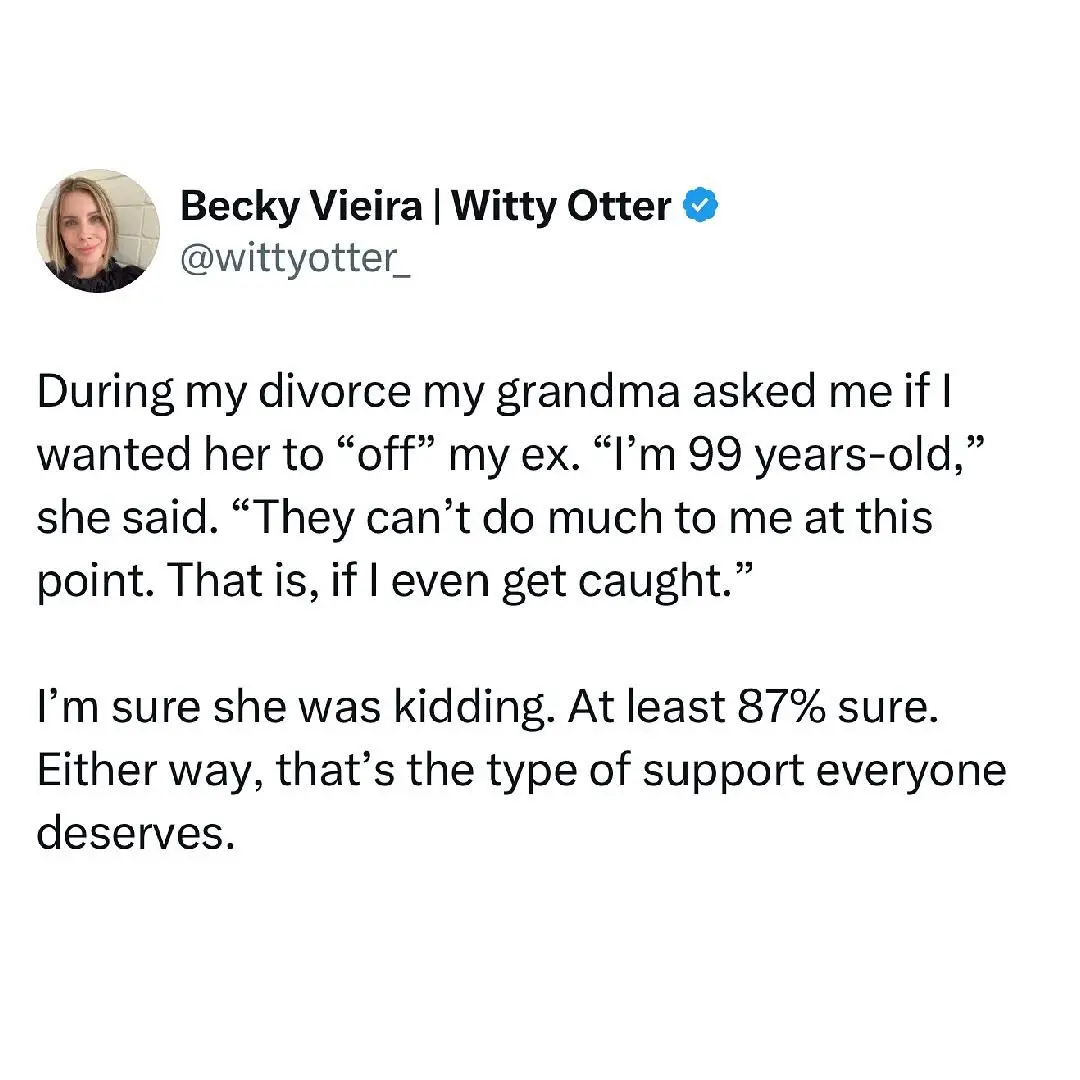 A screenshot of a tweet by Becky Vieira (@wittyotter_) showing her recounting a story where her 99-year-old grandma jokingly…