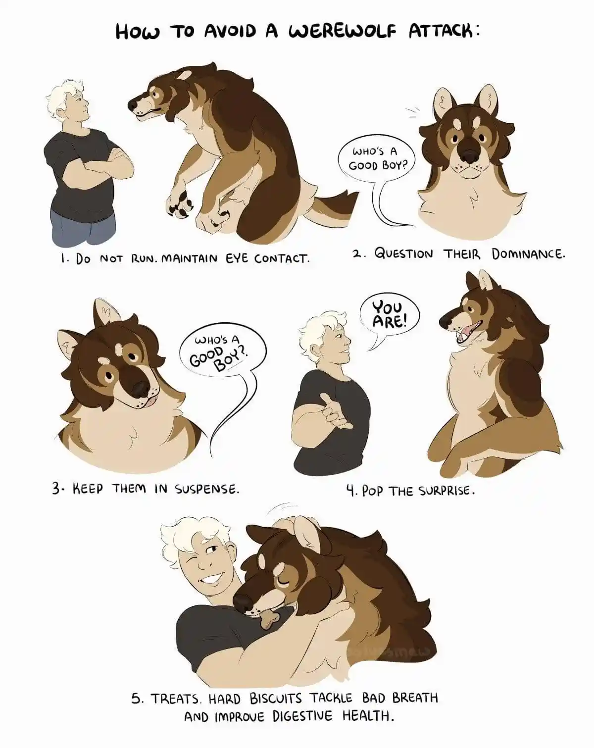 A comic strip titled 'How to Avoid a Werewolf Attack' shows a man calmly interacting with a werewolf in five steps…