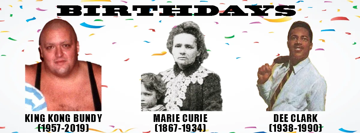 The image displays three separate portraits against a white background with colorful confetti. From left to right: a bald…