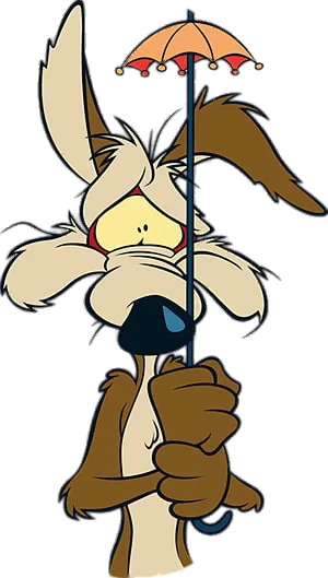 A cartoon rabbit with long ears and a brown coat holds a small orange umbrella, looking distressed with tears streaming from…