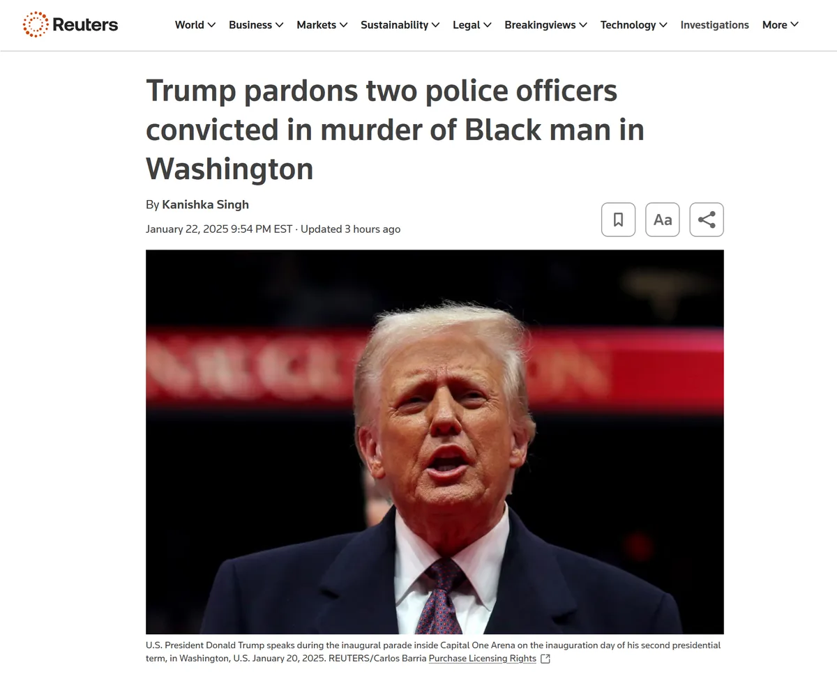 A screenshot of a Reuters news article from January 22, 2025, featuring a photo of Donald Trump speaking at his…