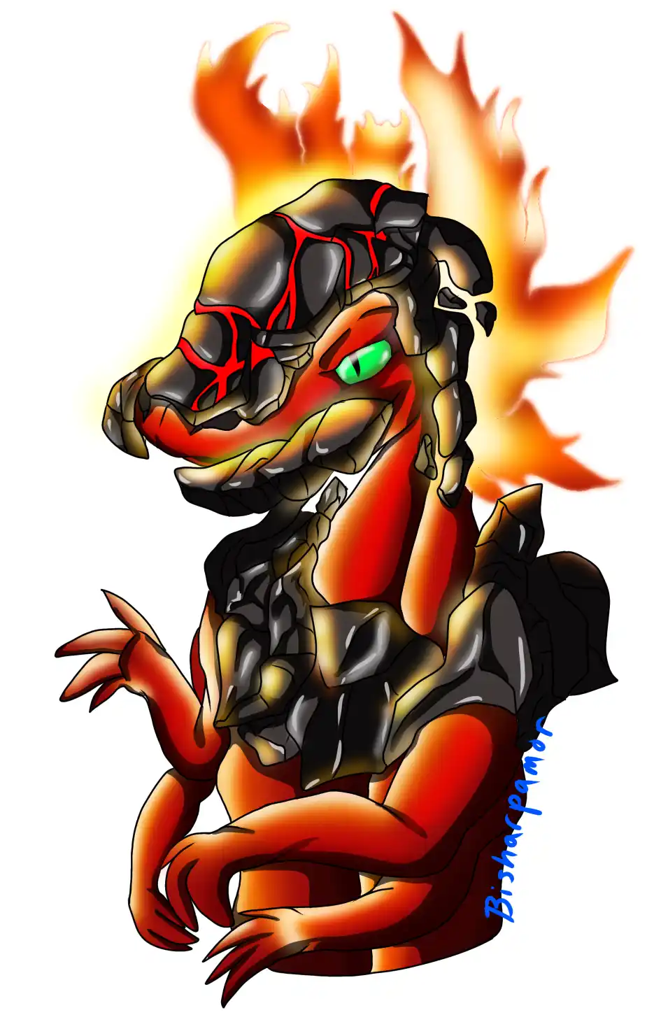 A cartoon-style dragon with a rocky, cracked head and glowing green eye, surrounded by flames, sits with arms crossed. The…
