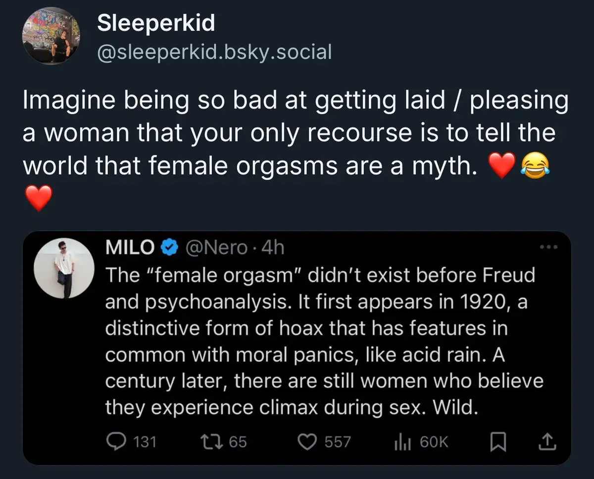 A screenshot of a social media post by 'Sleeperkid' that humorously suggests a man's poor sexual performance leads him to…