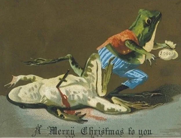 A vintage-style illustration shows a green frog wearing a red vest and blue pants, standing triumphantly over a white…