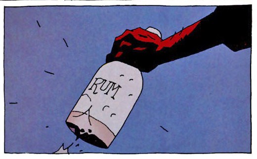 A comic book panel shows a hand with red-stained fingers holding a white bottle labeled 'RUM' and tilting it to pour liquid…