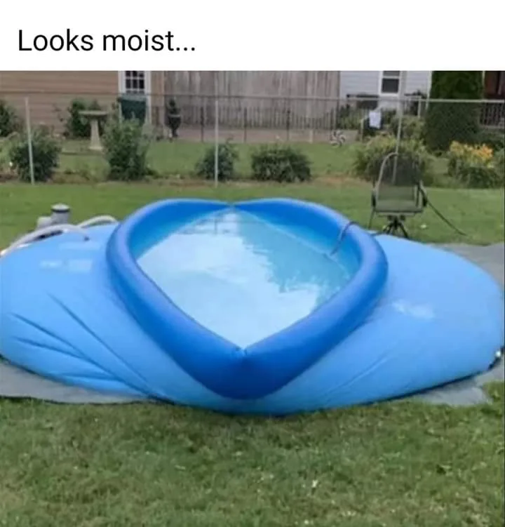 An inflatable kiddie pool shaped like a heart is partially deflated and lying on its side in a grassy backyard, with water…