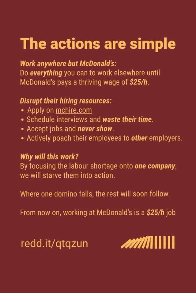 A dark red background with yellow text outlining a satirical 'plan' to force McDonald's to raise wages to $25/hour by…