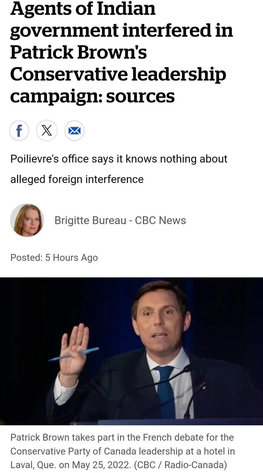 A screenshot of a CBC News article headline claiming Indian government agents interfered in Patrick Brown's Conservative…
