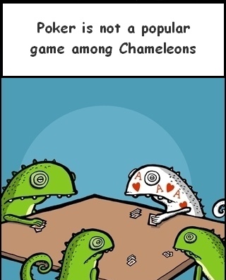 Four cartoon chameleons sit around a table playing poker. One chameleon, facing the viewer, holds up four aces (Ace of…