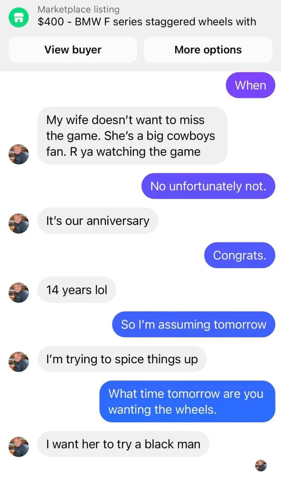 A screenshot of a text conversation where a buyer asks about a $400 BMW wheel listing, then the seller reveals they're…