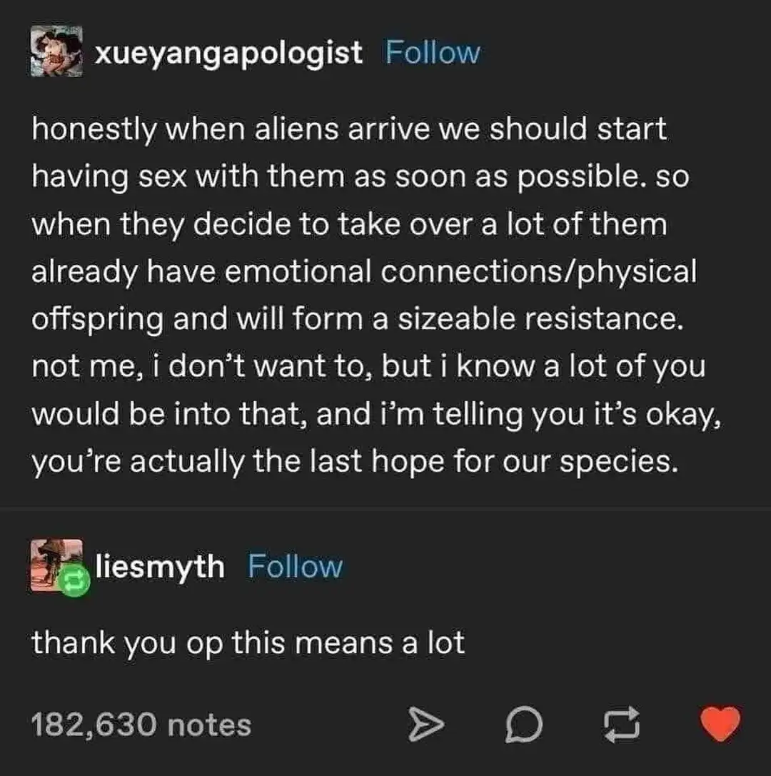 A screenshot of a Tumblr post showing a user named 'xueyangapologist' suggesting humanity should have sex with aliens to…
