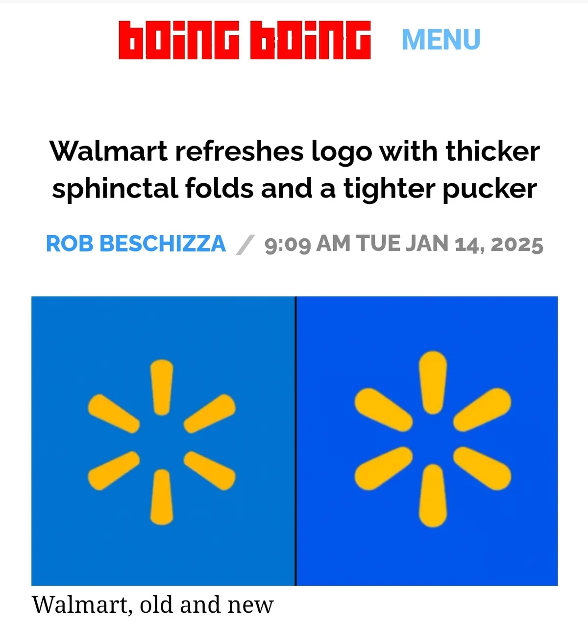 The image displays a mock news article header from 'boing boing' with a byline for 'ROB BESCHIZZA' dated '9:09 AM TUE JAN…