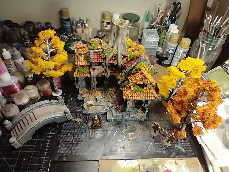 Custom-crafted tabletop game terrain: Forest ruins in autumn