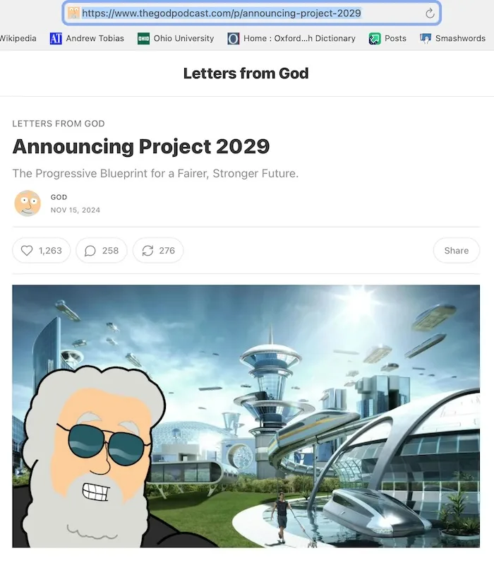 A screenshot of a fictional podcast page titled 'Letters from God' announcing 'Project 2029' with a futuristic cityscape…