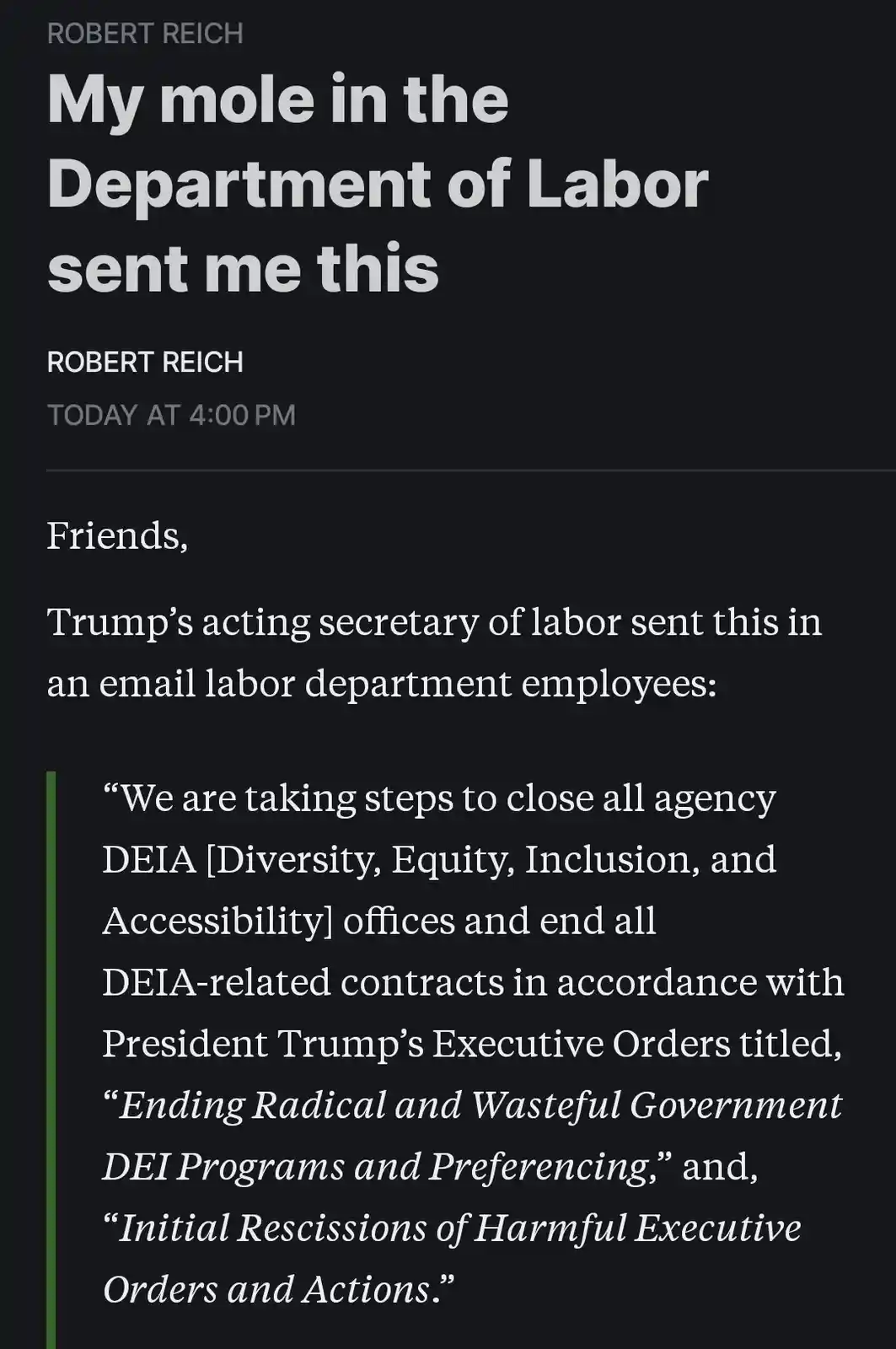 A screenshot of a social media post by Robert Reich, which quotes an email from Trump's acting secretary of labor announcing…