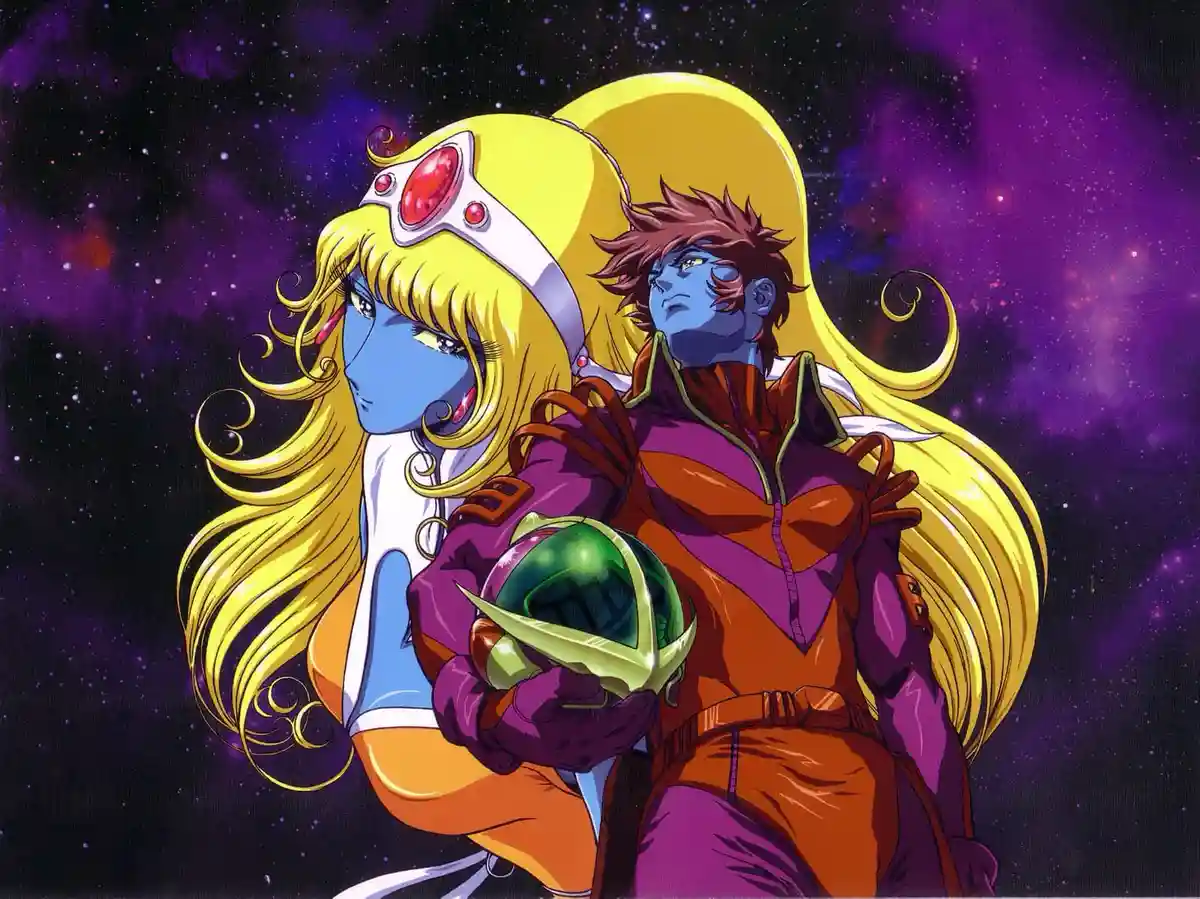 Two blue-skinned anime characters with long blonde hair stand against a purple starry space background. The character on the…