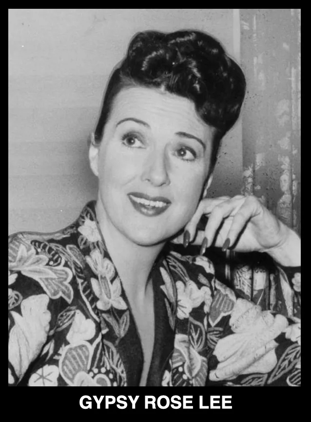 A black-and-white portrait of Gypsy Rose Lee, a famous burlesque performer, looking upward with a slight smile while resting…