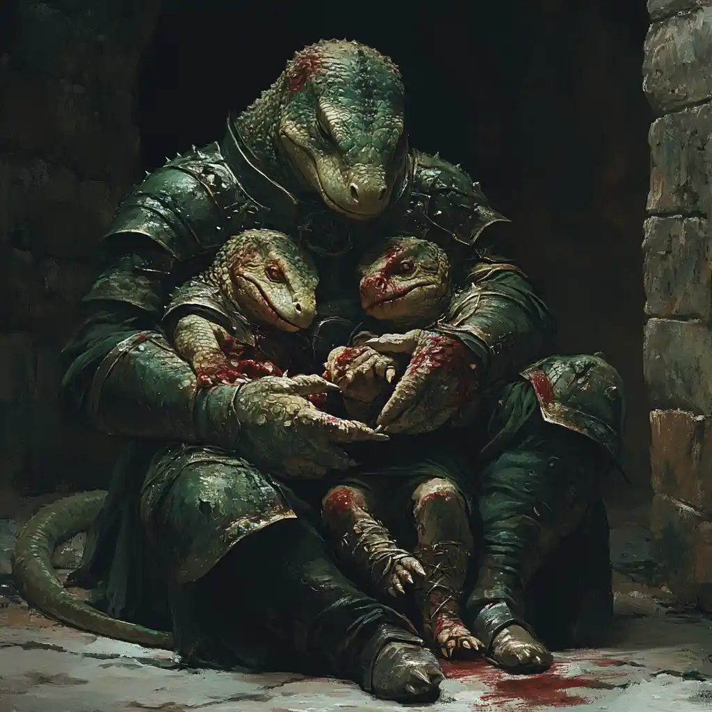 A large, armored reptilian creature sits on the floor in a stone-walled room, cradling two smaller, bloodied reptilian…