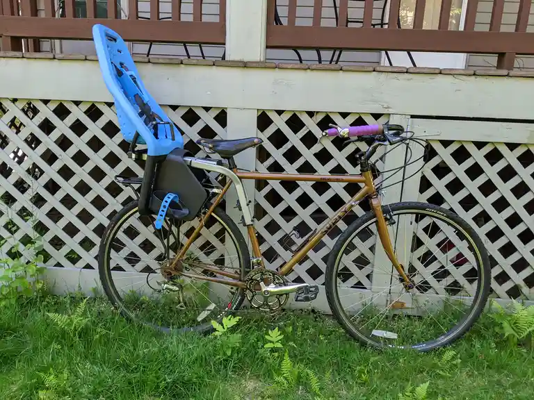 A brown bicycle with purple handlebar grips and a blue child seat mounted on the rear rack is parked on grass in front of a…