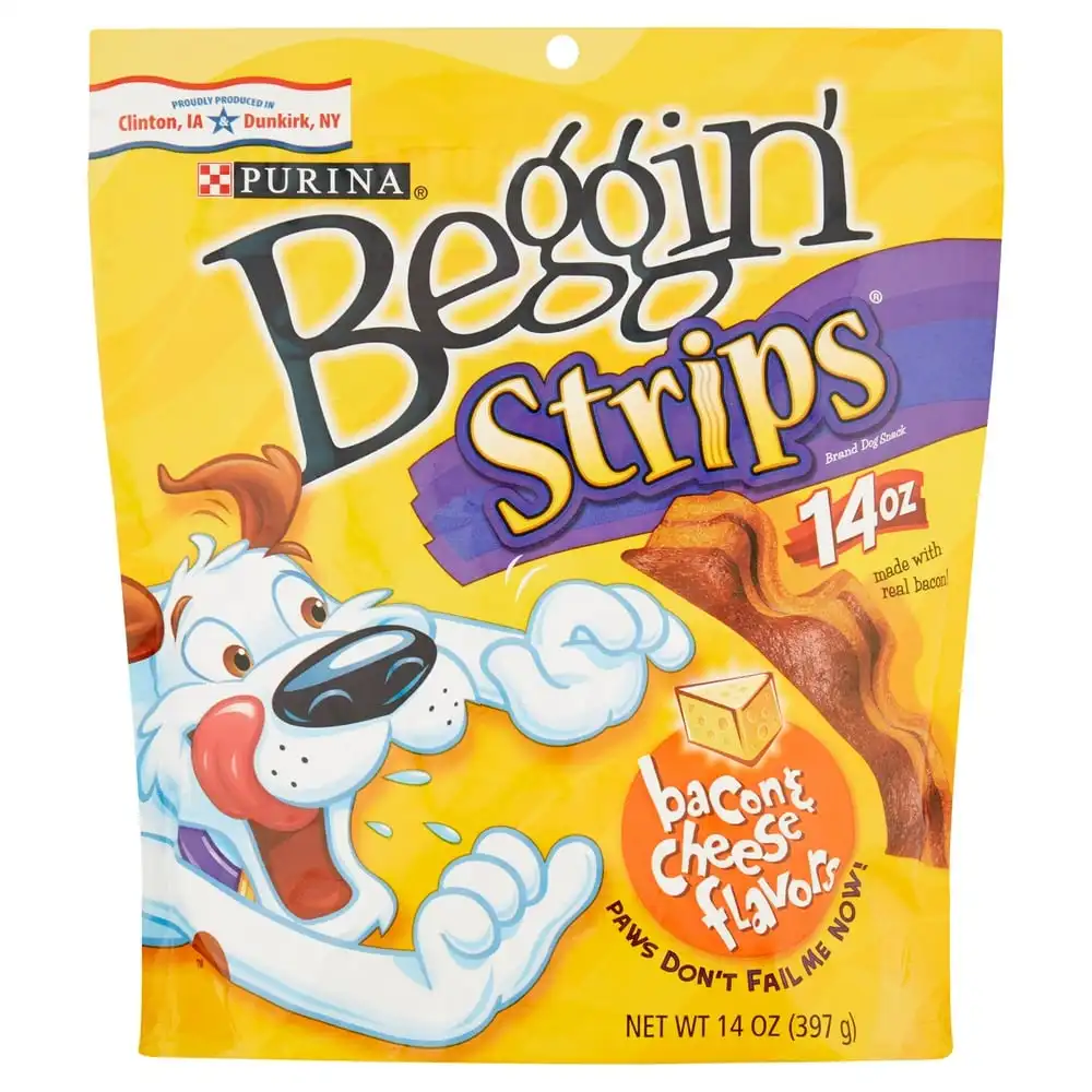 A brightly colored bag of Purina Beggin' Strips dog treats, featuring a cartoon dog begging enthusiastically. The packaging…