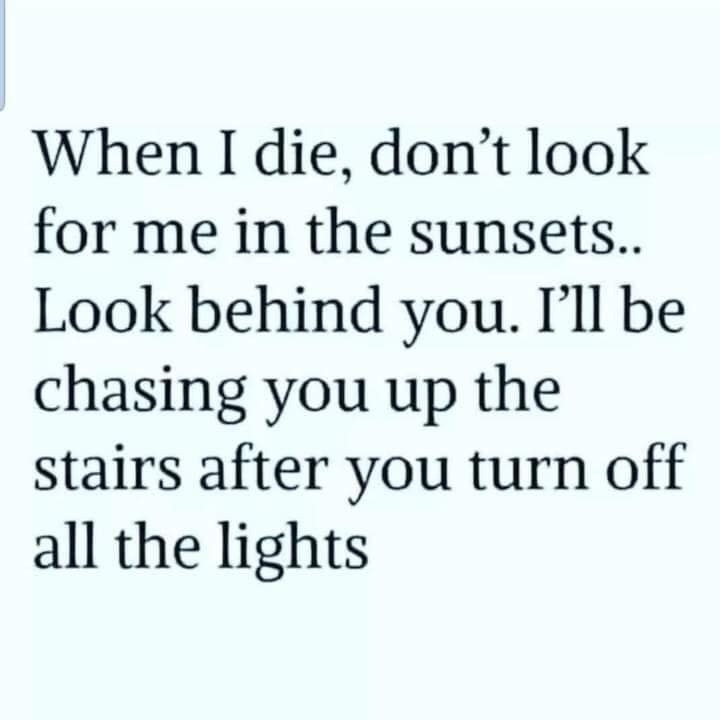 The image displays a plain white background with black text that reads: 'When I die, don't look for me in the sunsets.. Look…