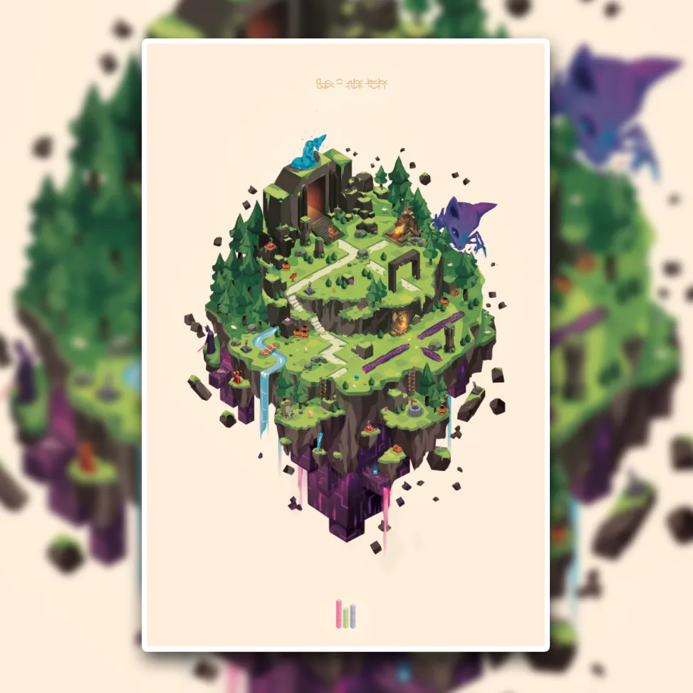 An isometric illustration of a floating island with green forests, purple cliffs, a blue dragon statue, and a purple dragon…