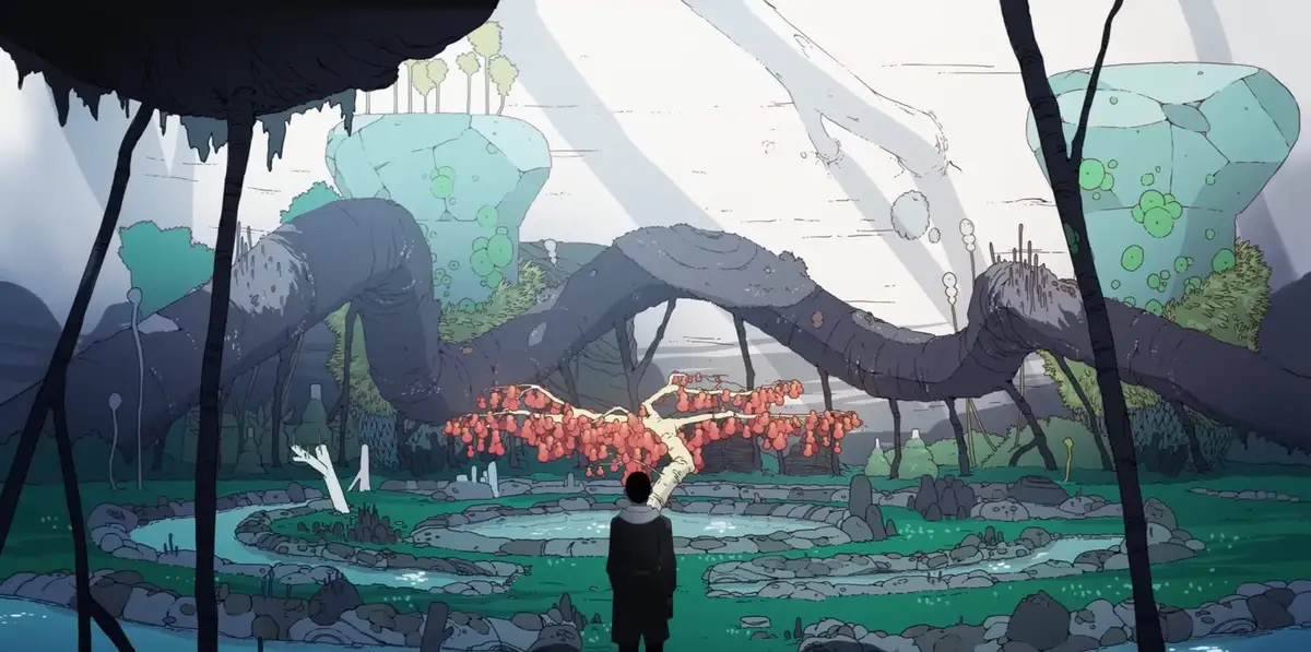 A lone figure stands in a surreal, alien landscape with giant, twisted tree trunks and glowing green rock formations…