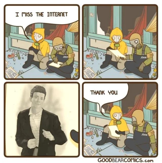 A four-panel comic shows two people in gas masks and overalls sitting on a ruined floor, one says 'I miss the internet'…