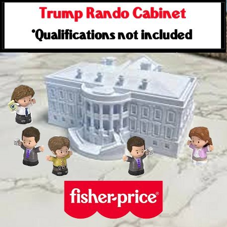 A Fisher-Price toy set featuring a miniature White House and five small, stylized figurines representing a fictional 'Trump…