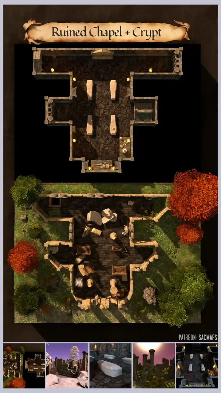 Explore the Ruined Chapel & Crypt: Free DnD/TTRPG maps for your adventures