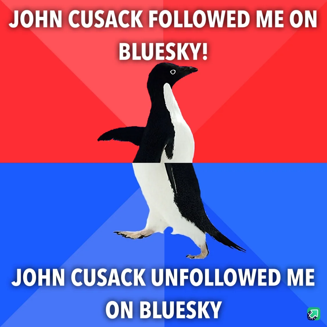 A penguin stands centered against a red and blue background, split horizontally. The top half has white text reading 'JOHN…