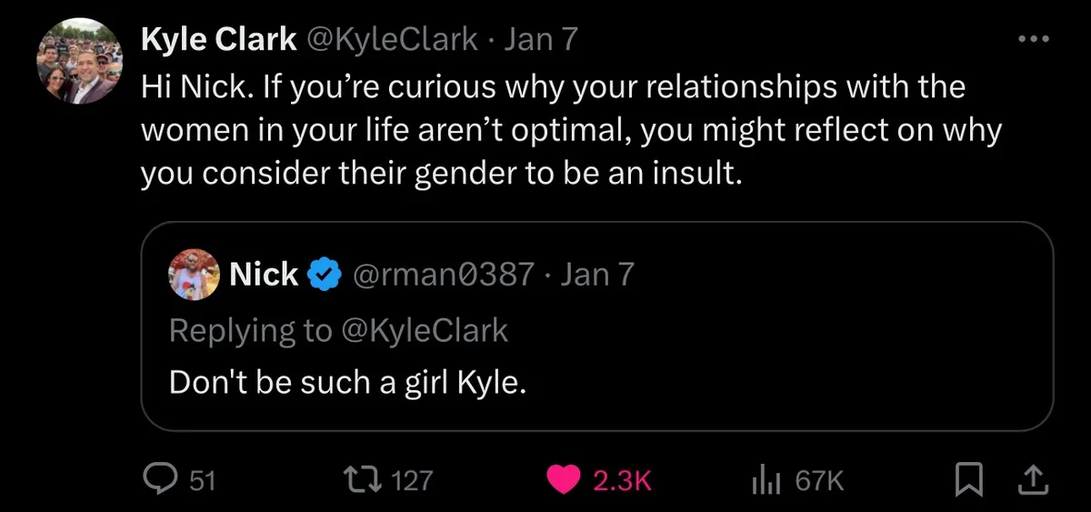 A screenshot of a Twitter thread showing Kyle Clark accusing Nick of having poor relationships with women due to his…