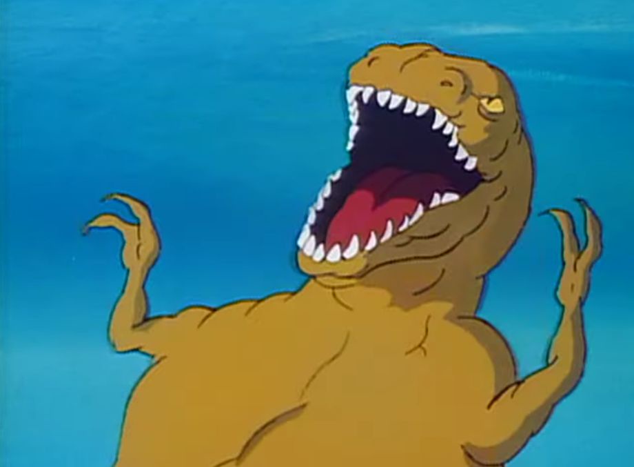 A cartoon Tyrannosaurus Rex with a wide-open mouth showing sharp teeth and a red tongue, arms raised in a shrugging gesture…