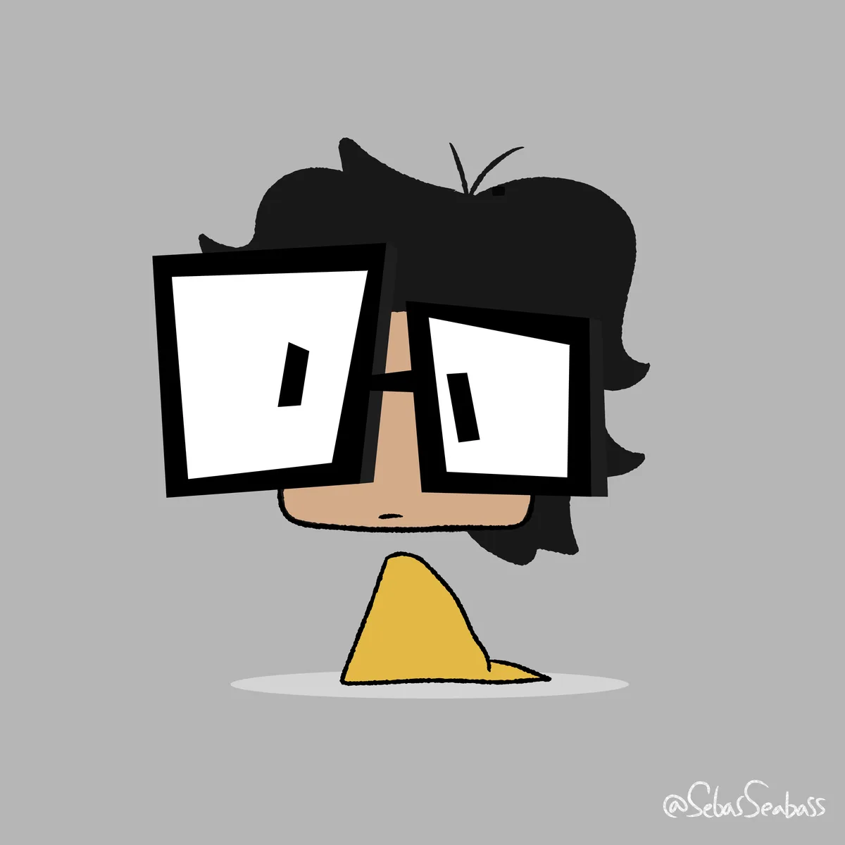 A cartoon character with black hair and a yellow cone-shaped body has oversized computer monitors for eyes, each displaying…