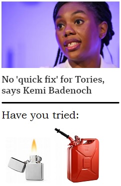 A woman with braided hair and a surprised expression is shown above text that reads 'No 'quick fix' for Tories, says Kemi…